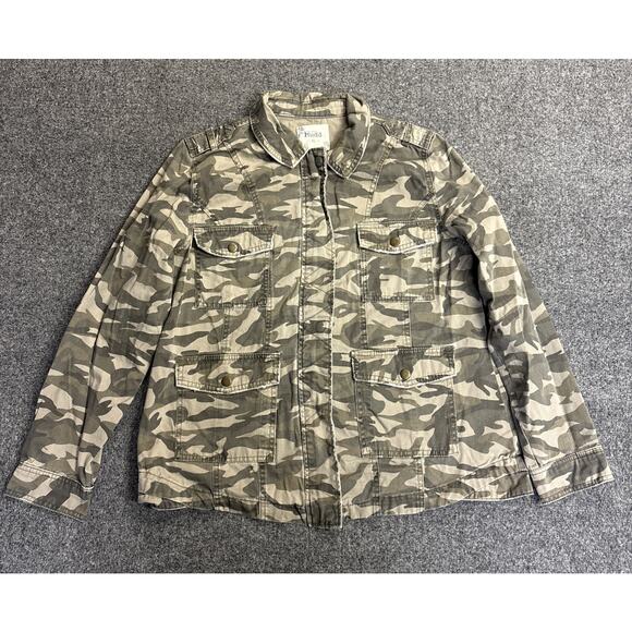Mudd Womens XL Camo Denim Military-Style Distressed Jacket Pockets - Picture 1 of 8